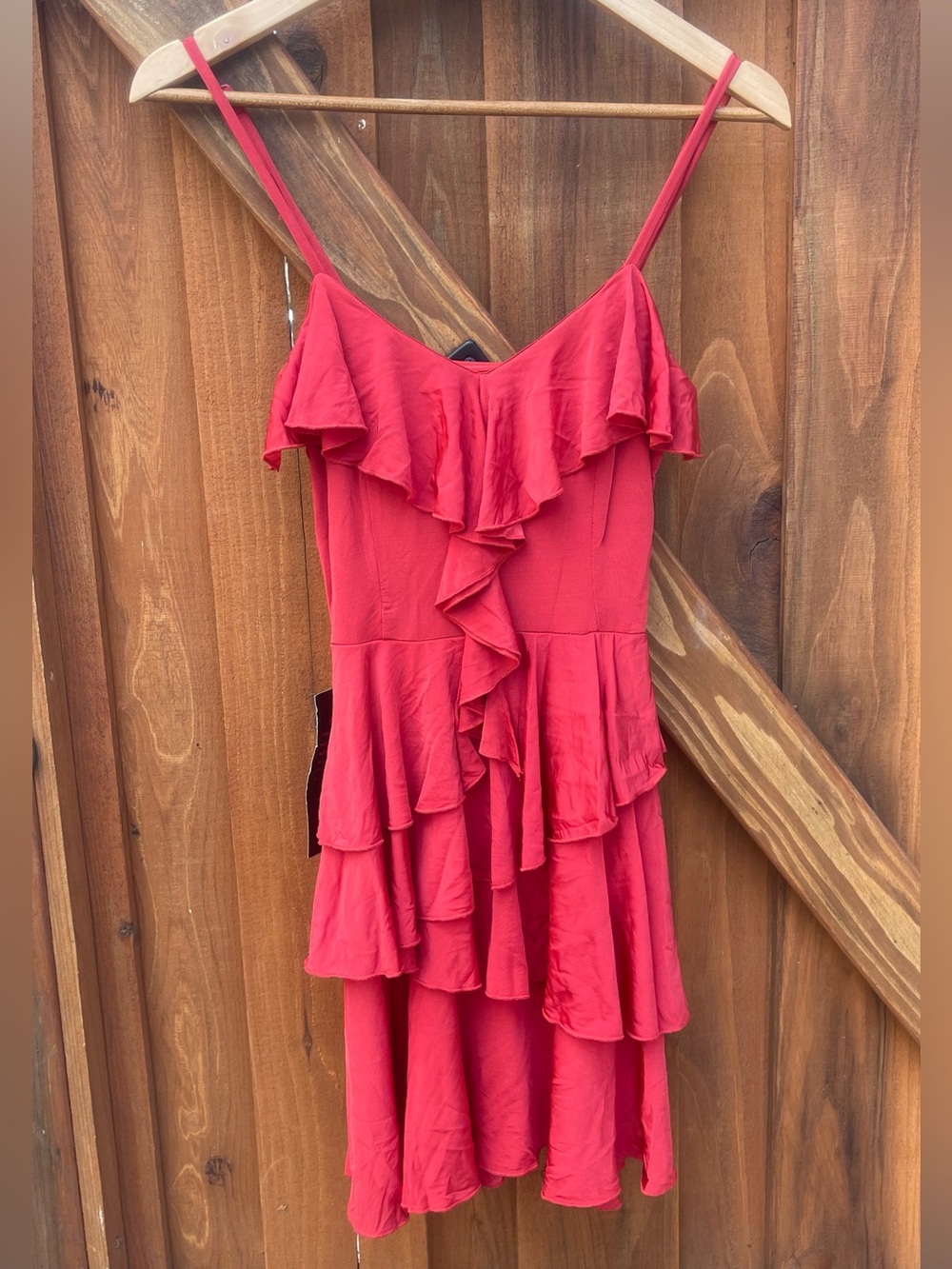 bebe Red Ruffle Stretch Skater Dancer Coral Dress A-Line Romantic Date XS NWT